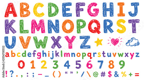 Colorful hand drawn alphabet letters and numbers set Vector