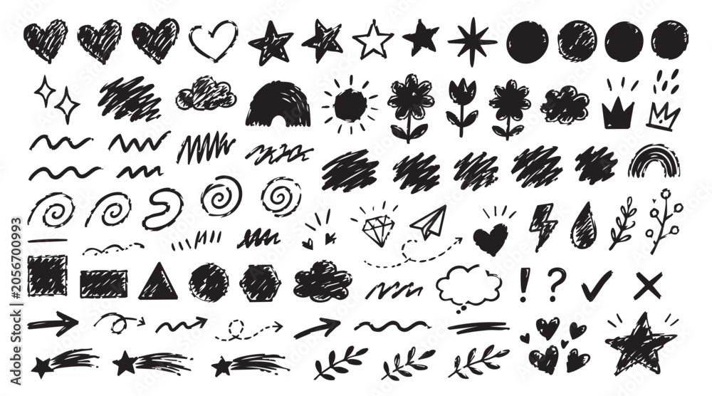 Obraz premium Hand-drawn doodle elements set, sketchy black ink icons and graphic shapes, artistic vector scribbles for creative design projects and bullet journals vector
