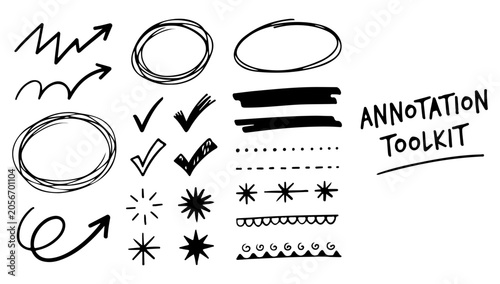 Quadro em tela Hand drawn annotation icons, vector annotation toolkit, black and white graphics