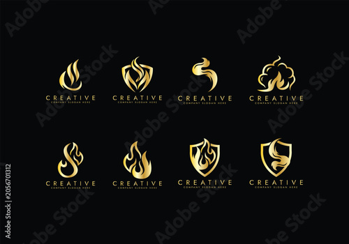 Oil and gas golden logo Fire flame Elements Collection, Fire shield and energy logo with vector design 