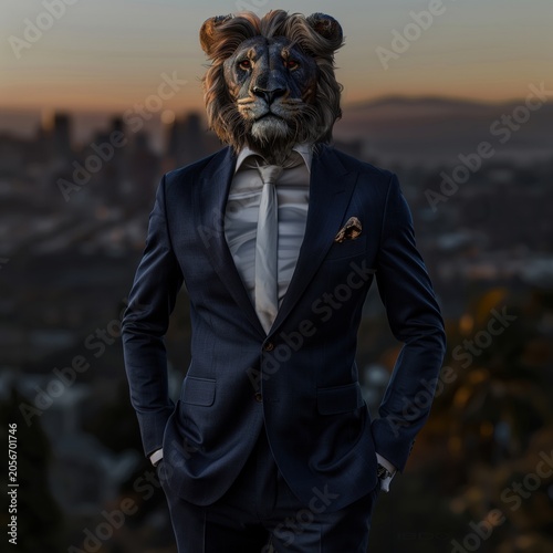 Anthropomorphic lion in business suit against city skyline. AI-generated.