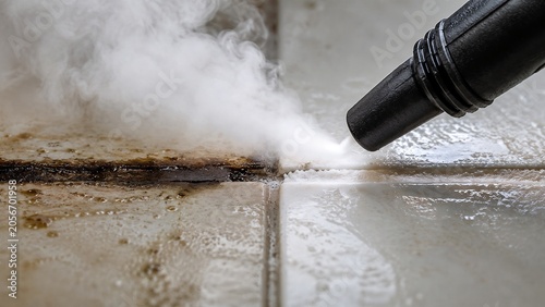 Steam cleaner removing stubborn grime from tile grout close-up