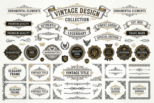 Antique Victorian style decorative flourishes, dividers, and emblems template