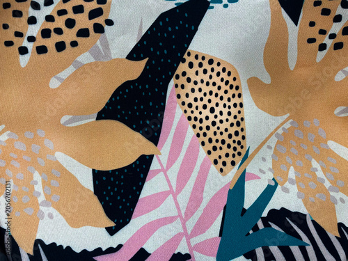 Modern abstract tropical pattern featuring stylized leaves and botanical shapes in pastel and bold colors. Contemporary textile design ideal for fabric, wallpaper, fashion, packaging and decor.