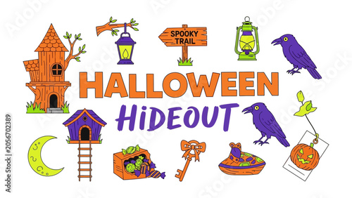 Foto Spooky Halloween Hideout: A collection of whimsical Halloween-themed illustrations including a haunted house, spooky trail sign, crows, pumpkin