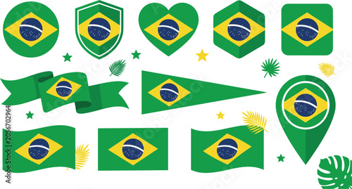 PrintBrazil Flag Icon Set with Ribbon Heart Shield Location Pin and Various Shapes for National Day Independence Celebration Design Elements