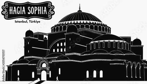 Fotografie Very beautiful black-and-white engraved vector illustration featuring HAGIA SOPHIA in Istanbul, Türkiye, showcasing its grand dome and a decorative landmark label reading HAGIA SOPHIA