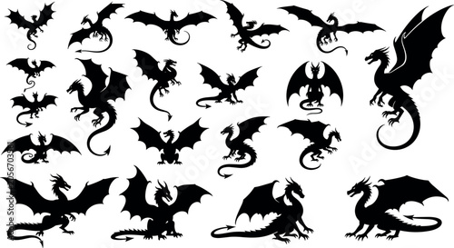 Fotografie Mythical Dragon Black Silhouette Vector Icon Set Featuring Flying Legendary Crea