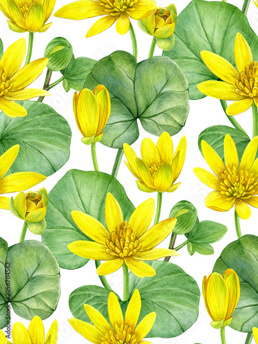 Watercolor seamless pattern with yellow lesser celandine (ficaria verna) flowers, buds and leaves. Hand-painted illustration for fabric, wallpaper, wrapping paper, stationery, packaging, textiles.