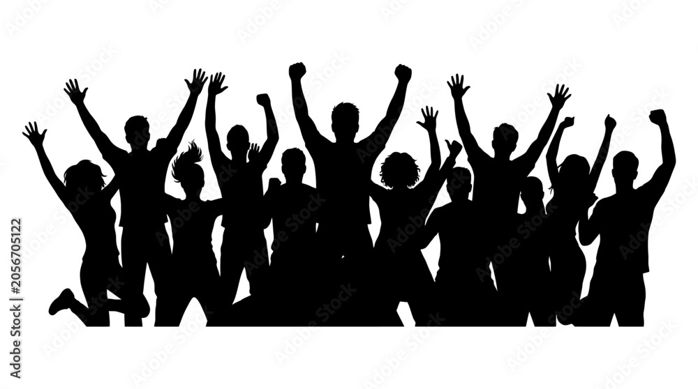 Fototapeta premium 4th July, Independence day of America. Black silhouettes, happy people, raised hands, celebration, group joy, vector icons vector