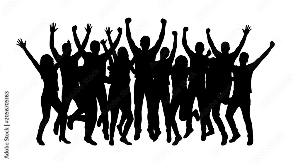 Fototapeta premium 4th July, Independence day of America. Black silhouettes, happy people jumping, celebration icons, joyful crowd graphics vector