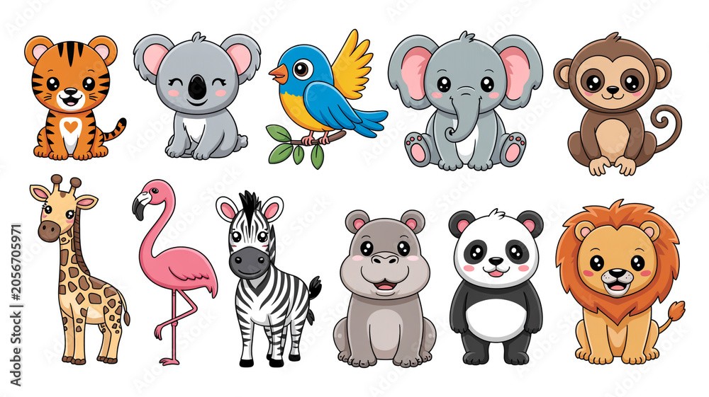 Obraz premium Cute funny cartoon animal collection set of pets and zoo animals vector illustration