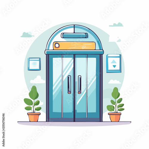 Modern Glass Elevator Entrance with Potted Plants