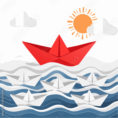 Red paper boat leads white boats on wavy blue water under sun and clouds