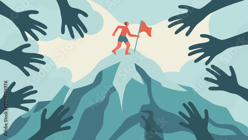 Slika na platnu Person Running With Red Flag On Mountain Peak Surrounded By Reaching Hands Illus