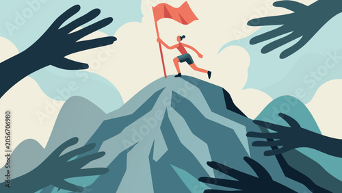 Konstfotografi Person climbing a mountain with outstretched hands reaching a vector illustratio