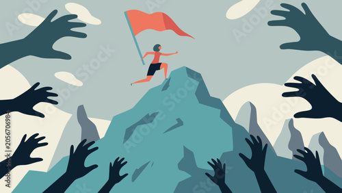 Slika na platnu Illustration of a person climbing a mountain surrounded by reaching hands with a