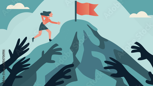 Fotografija Illustration Of A Person Climbing A Mountain With Reaching Hands Below achieveme