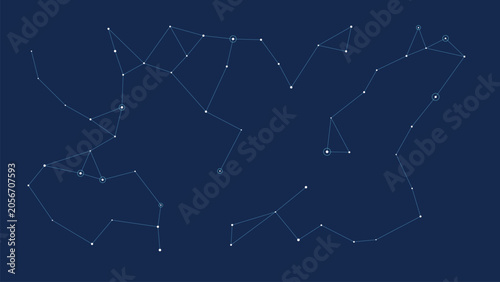 Abstract particle constellation network on dark blue background