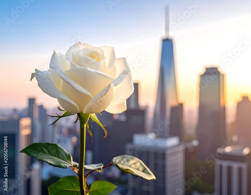 Golden sunflower against modern city skyline silhouette.