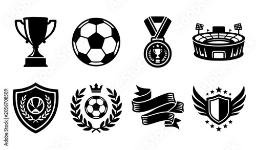 Football Soccer Tournament Championship Silhouette Icon Set with Trophy Ball Stadium Medal Shields Laurel Wreath and Ribbon Banner for Sports Branding Designs