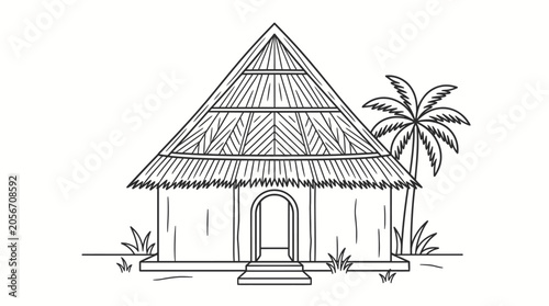 Schilderij op canvas Traditional Tropical Hut with Thatched Roof and Palm Tree, Isolated White Background