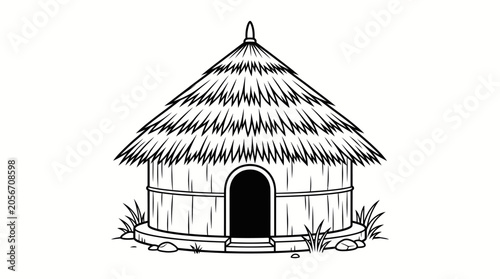 Foto Rustic Round Hut with Thick Thatched Roof on Grassy Ground, Isolated White Background
