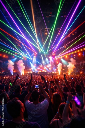 Vibrant concert with colorful lasers.
