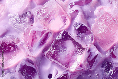 Macro Close Up of Iced Ube Latte with Ice Cubes