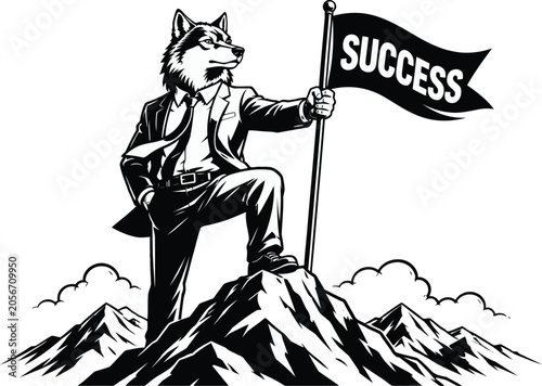 Wolf businessman standing on mountain peak holding a flag with success text