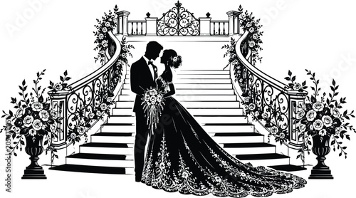 Silhouette of a bride and groom standing on a grand staircase with floral decorations