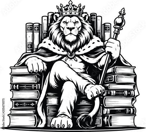 Lion king sitting on a throne made of books, holding a scepter, illustration