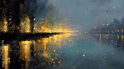 Abstract Night Cityscape with Gold Glitter Particles and Water Reflection