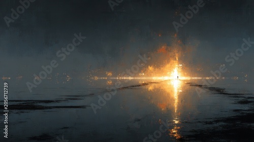 Abstract Rosh Hashana concept with glowing light emerging over dark water at night