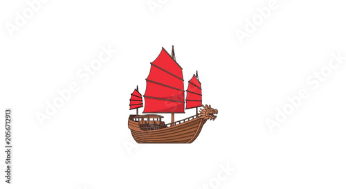 Quadro su tela Traditional chinese junk ship illustration with red sails and a dragon figurehea