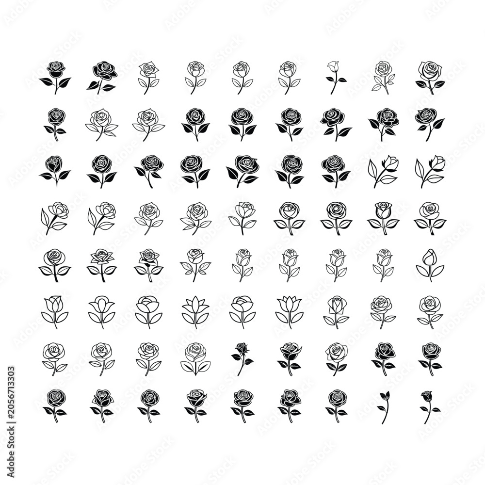 Obraz premium Rose Flower Icon and Botanical Symbol Vector Set