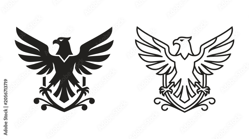 Fototapeta premium Eagle With Floral Ornament Black And White Vector Illustration