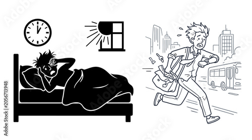 Canvastavla Oversleeping And Late For Work Black And White Line Illustration