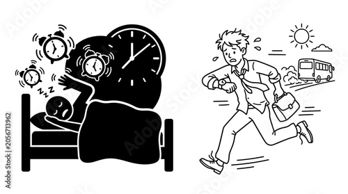 Εκτύπωση καμβά Sleeping person and running commuter black and white vector illustration