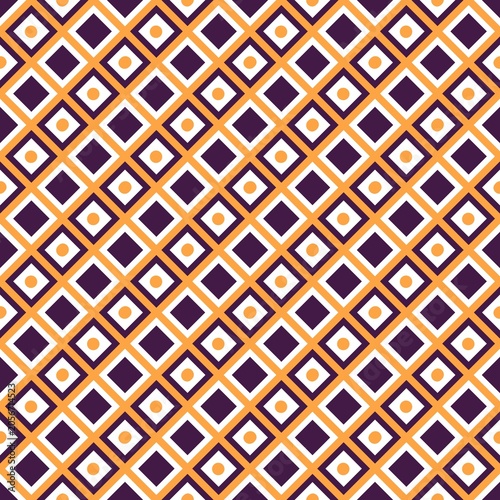 ​Seamless geometric pattern with purple and orange diamond grid and dots. Trendy abstract background vector.