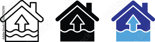 Flood Risk Icon Set House Rising Water Level Warning Symbol For Real Estate Insurance
