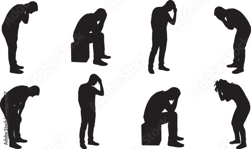 Εκτύπωση καμβά Silhouette Figures Depicting Distress, Sadness, and Despair, Vector Set for Ment