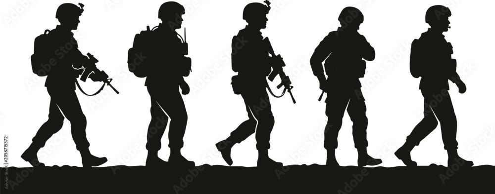 Fototapeta premium Five black silhouettes of soldiers in uniform, wearing helmets and carrying rifles, walking in a line across a white background