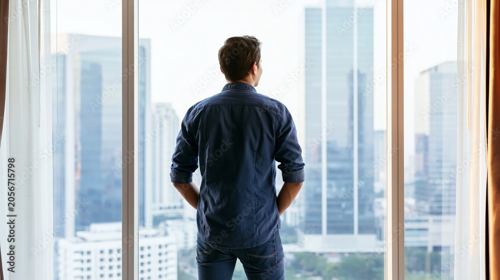 Fototapeta premium Young man standing with hands in pockets looking out at a modern city from a high rise building, clear sky