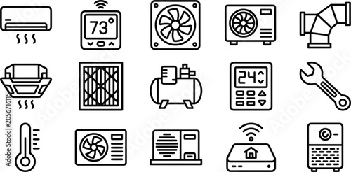 Hvac system icons set air conditioning and heating equipment silhouette isolated on transparent background