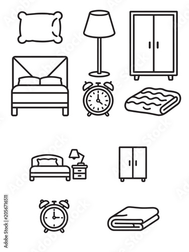 Bedroom furniture and sleep accessories line art vector icon set