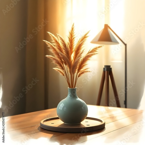 A warm, sunlit interior setup showcasing a small teal-green ceramic vase filled with natural, golden-brown pampas grass. The vase rests on a circular white tray over a light wooden tabletop. Bright, h