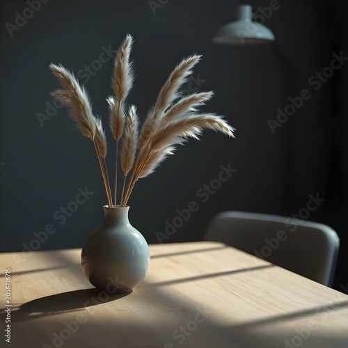 A moody, low-light interior photograph featuring a dark green or charcoal grey ceramic vase filled with natural pampas grass. The scene is set on a dark wood table, with dramatic natural light highlig