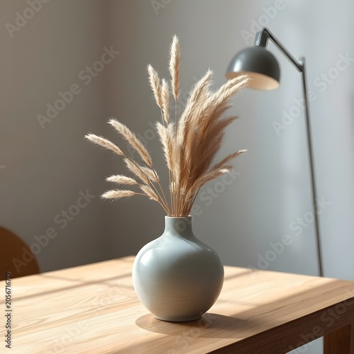 A warm and inviting interior scene captured from a slightly low angle, highlighting a smooth, greyish-blue ceramic vase with fluffy pampas grass on a wooden surface. Strong, warm sunlight streams acro