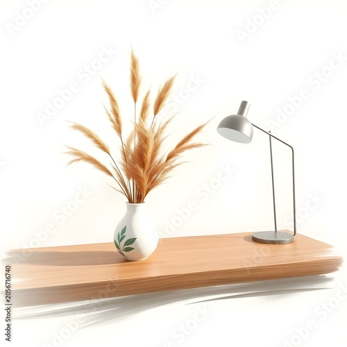 A high-key, brightly illuminated minimalist composition set against a pure white background. A white ceramic vase decorated with a subtle green leaf pattern holds a spray of golden-brown pampas grass.